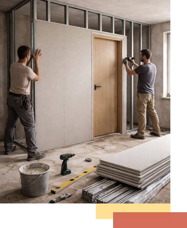 Перегородка из гипсокартона с дверью под ключ в Моршанске