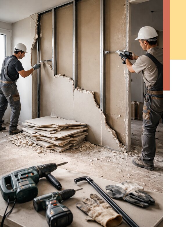 Демонтаж перегородки из гипсокартона в Моршанске от 1246 руб. быстро и недорого | ОТДЕЛОЧНИК-Мрш