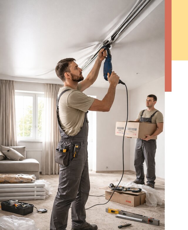 Монтаж сатинового натяжного потолка в Моршанске от 3635 руб. | Быстро, недорого — ОТДЕЛОЧНИК-Мрш