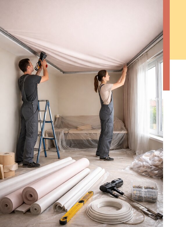 Монтаж цветного натяжного потолка в Моршанске от 4362 руб/м² — быстро и недорого | ОТДЕЛОЧНИК-Мрш