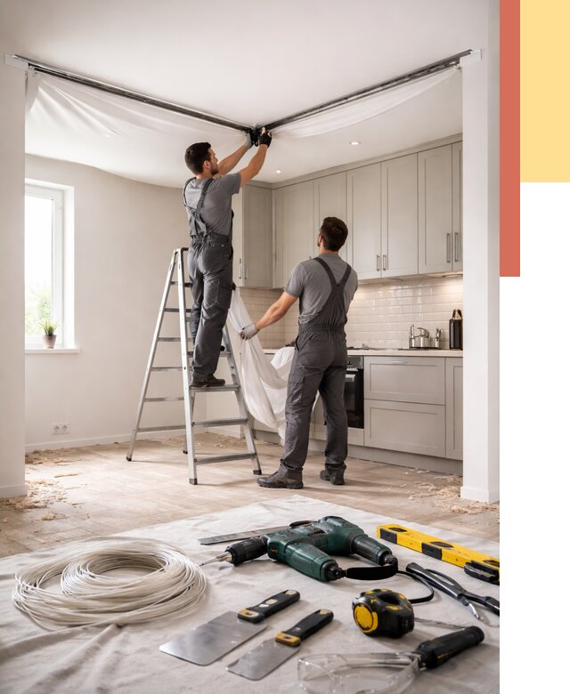 Установка натяжного потолка на кухне в Моршанске от 2492 руб. | ОТДЕЛОЧНИК-Мрш