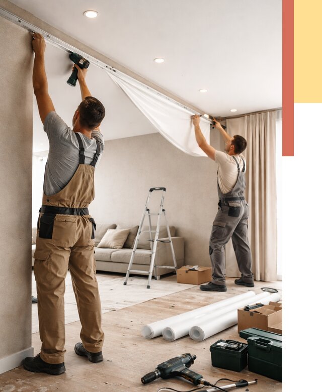 Монтаж натяжного потолка в гостиной в Моршанске от 571 руб. | ОТДЕЛОЧНИК-Мрш